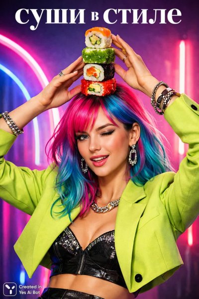 Яркая девушка и креативный суши-стиль: необычный образ для модных фотосессий. Нейросеть Sora Ai Images