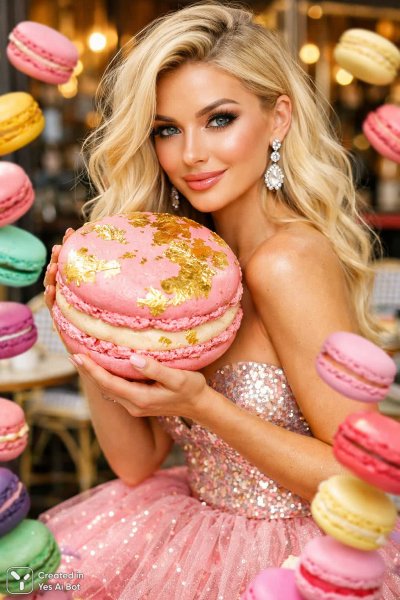 Розовое великолепие и макаруны: сладкий момент в парижском кафе. Картинка из нейронной сети Sora images Ai