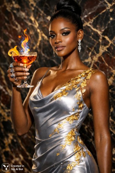 Роскошь и блеск: афроамериканка в серебряном платье с золотом. Изображение из нейросети Sora Ai Images