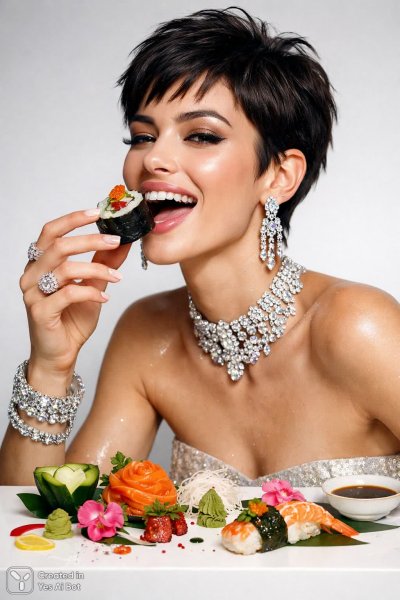 Модная модель с пикси и изысканный суши-ланч в стиле модерн. Генерация из нейросети Sora Image