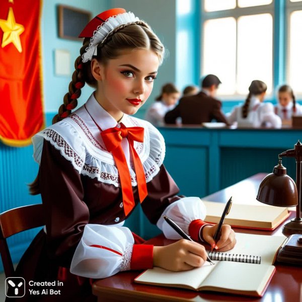 Советская пионерка: школьные будни в стиле ретро и фотореализма. Картинка из нейронной сети Stable Diffusion