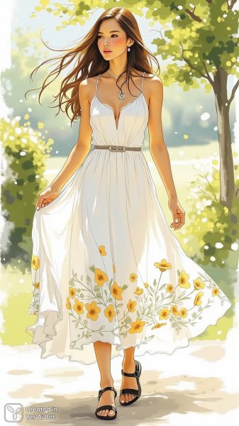 Летний образ: акварельный эскиз женщины в белом платье и сандалиях. Генерация из нейронной сети Flux 1