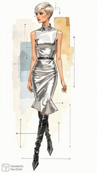 Элегантный образ в серебристом платье и стильной стрижке пикси. Нейронная сеть Flux Ai