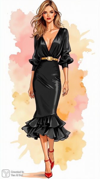 Изысканный образ: акварельный скетч элегантной женщины в черном платье. Картинка из нейросети Flux.1