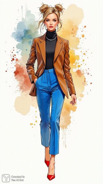 Уверенная женщина в стильном блейзере и брюках: акварельный модный скетч. Изображение из нейросети Flux Ai