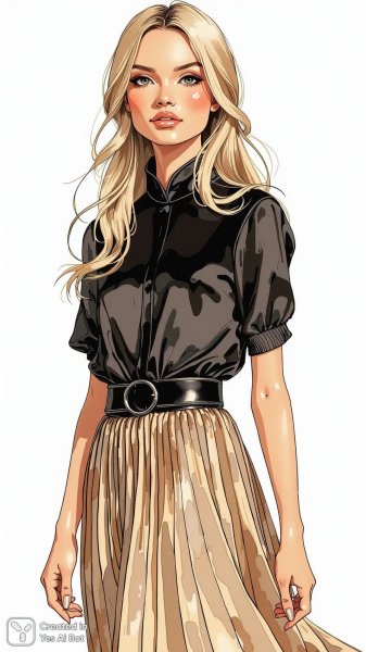 Элегантный образ: женщина в черном и блестящей юбке с плиссировкой. Генерация из нейросети Flux.1