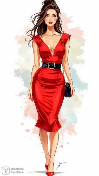 Элегантный образ: женщина в красном платье миди с глубоким вырезом и эффектным поясом. Картинка из нейронной сети Flux Ai