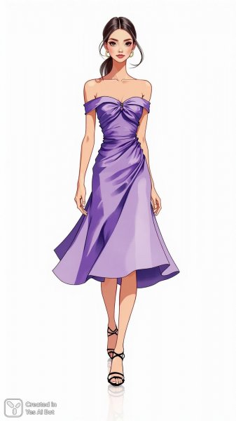 Элегантная женщина в фиолетовом платье: современный стиль и уверенность. Картинка из нейросети Flux 1