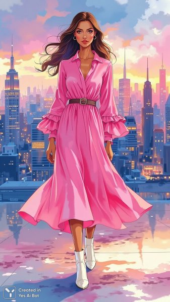 Розовое платье и городской закат: мечта в иллюстрации. Картинка из нейронной сети Flux.1