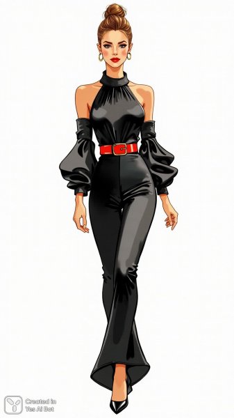 Иллюстрация моды: элегантная женщина в стильном черном комбинезоне и красном акценте. Генерация из нейросети Flux 1
