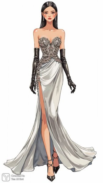 Серебристая элегантность: вечерний образ в стиле фэшн иллюстрации. Картинка из нейросети Flux Ai