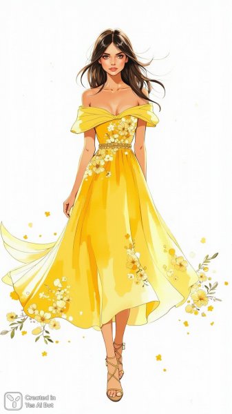 Яркое платье и нежные цветы: мода в деталях иллюстрации. Нейросеть Flux