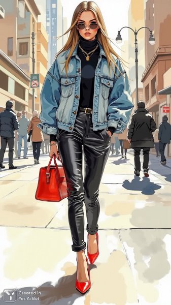 Модный образ: джинсовая куртка и кожаные брюки в городском стиле. Изображение из нейронной сети Flux 1