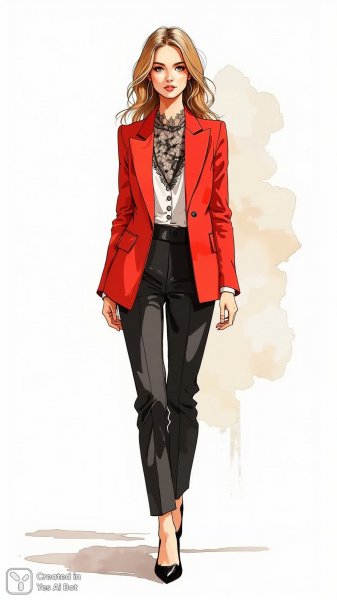 Яркий образ: женщина в красном блейзере и кружевной блузе для делового стиля. Генерация из нейронной сети Flux Ai