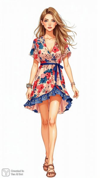 Игривый образ в летнем платье с оборками и сандалиях. Картинка из нейронной сети Flux.1