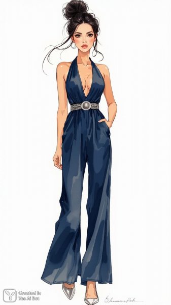 Элегантный образ: стильная женщина в темно-синем комбинезоне и серебряных туфлях. Нейросеть Flux Ai