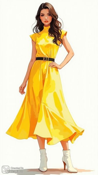 Яркий образ женщины в желтом платье и белых ботинках: мода и стиль. Картинка из нейронной сети Flux 1