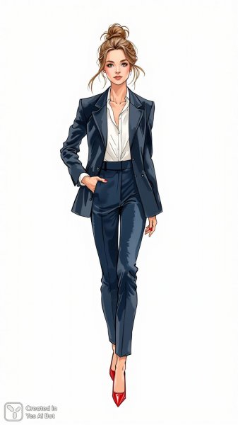 Элегантный образ: женщина в стильном брючном костюме и красных лодочках. Нейронная сеть Flux.1