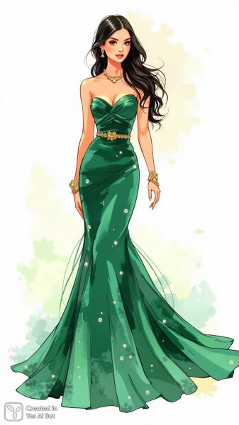 Изысканный образ: женщина в изумрудном платье мечты. Нейронная сеть Flux