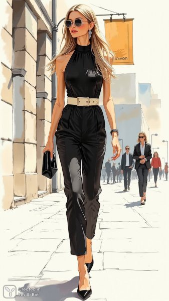 Элегантная женщина в стильном черном комбинезоне уверенной походкой идет по городу. Изображение из нейронной сети Flux Ai