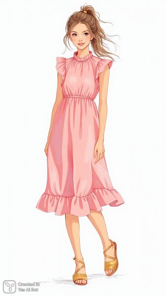 Нежная мода: иллюстрации стильной девушки в розовом платье с рюшами и золотыми сандалиями. Генерация из нейросети Flux