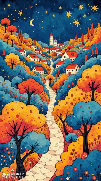 Яркий мультяшный городок под звездным небом в наивной манере исполнения. Картинка из нейросети Flux 1