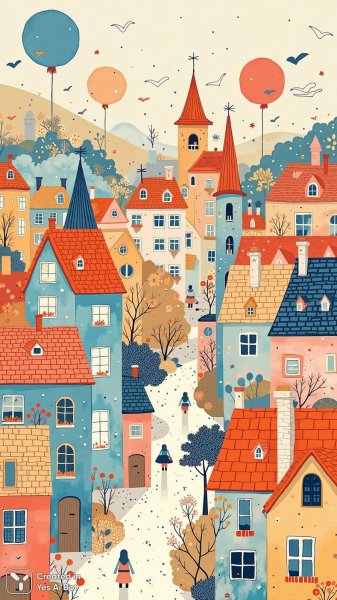 Очаровательный город в народном стиле: радость и воображение в пастельных тонах. Нейросеть Flux 1