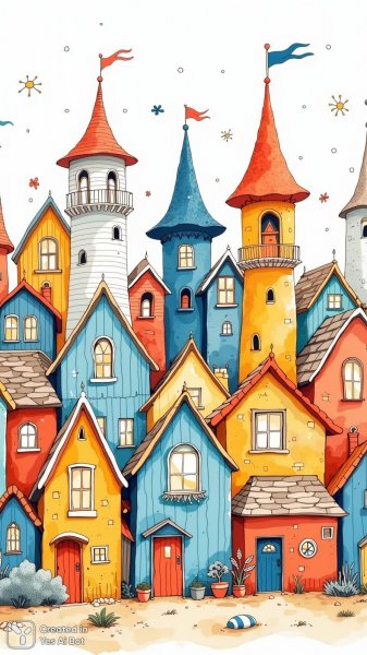 Пляжные домики: яркие иллюстрации и ощущение счастья. Генерация из нейронной сети Flux 1