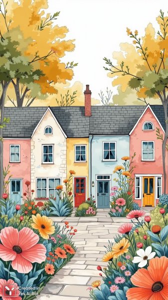 Уютные домики акварелью в цветущем саду вдохновлены Джоанной Басфорд. Нейронная сеть Flux.1