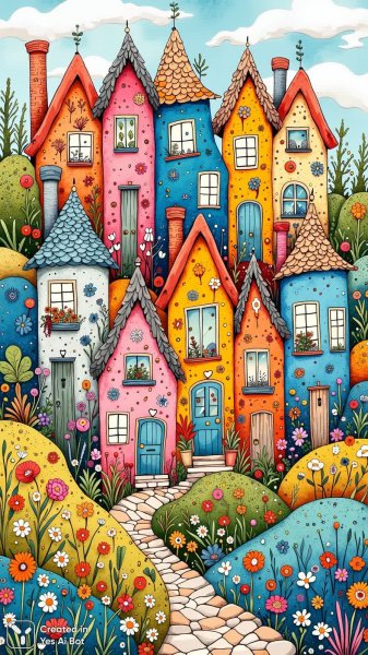 Сказочные домики на холме: яркие краски и утонченные детали в стиле дзентангл. Картинка из нейронной сети Flux Ai