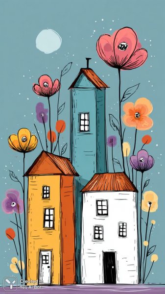 Сказочные домики в стиле наивного искусства и фольклора с яркими цветами. Нейросеть Midjourney