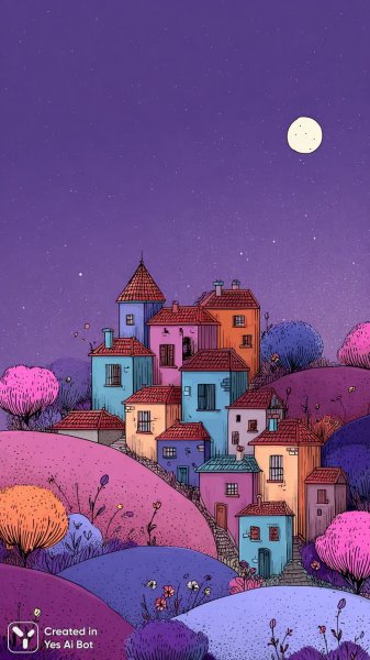 Уютная деревня под фиолетовым небом ночи: сказочная атмосфера. Генерация из нейросети Миджорни