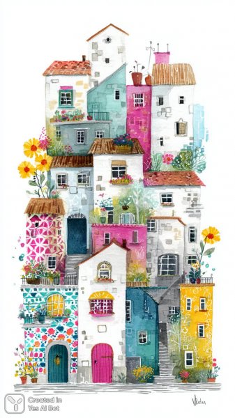 Пляжные коттеджи в ярких красках и акварели. Нейронная сеть Миджорни
