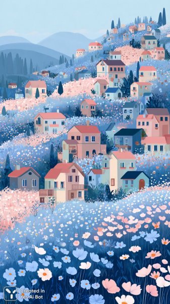 Мирное ущелье с яркими цветами и уютными домиками. Нейронная сеть Миджорни