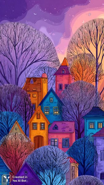 Яркий пейзаж в стиле зентангл с домиками и фиолетовое небо. Нейросеть Midjourney