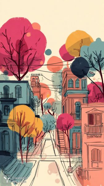 Яркая улица в акварельном рисунке: сказочный город и радостное настроение. Генерация из нейросети Midjourney