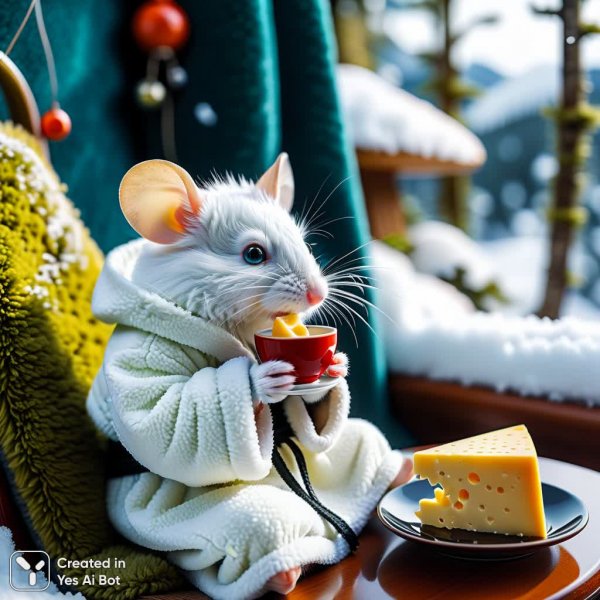 Милый мышонок в костюме наслаждается сыром и кофе в лесу. Изображение из нейронной сети Stable Diffusion