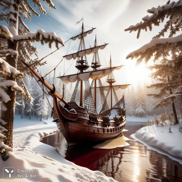 Заснеженная древность: зимняя сказка на водной глади. Нейросеть Stable Diffusion