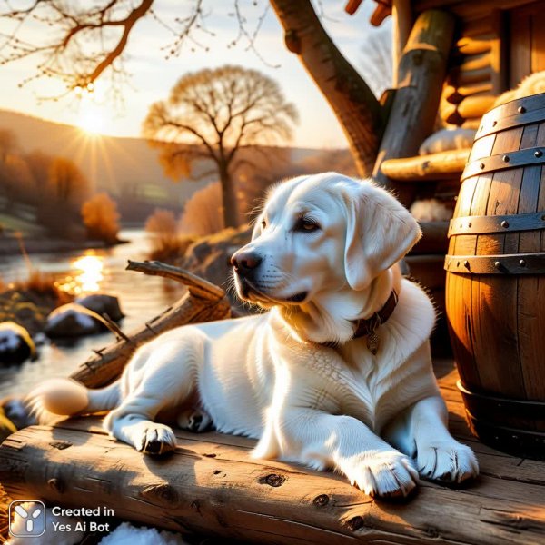 Спящий лабрадор: умиротворение весны на фоне старого дерева и реки. Картинка из нейронной сети Stable Diffusion
