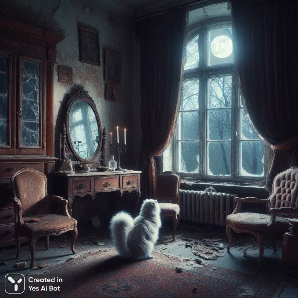 Призрачный кот в заброшенном доме: жуткий портрет увядающей старины и потустороннего света. Изображение из нейросети Dalle