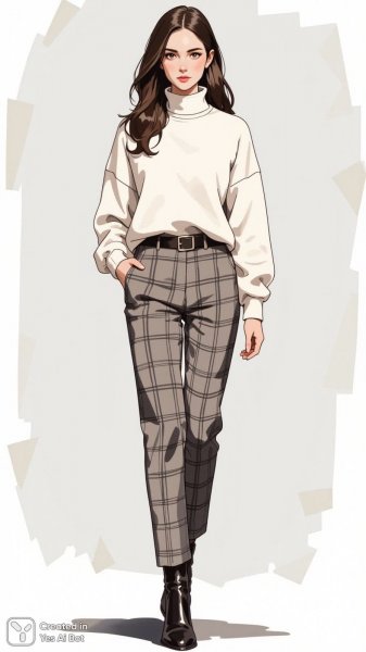 Модный скетч женщины в стильном свитере и клетчатых брюках. Нейросеть Flux