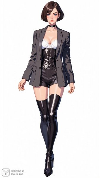 Изысканный образ: стильная женщина в блейзере и кожаных шортах. Изображение из нейронной сети Flux Ai