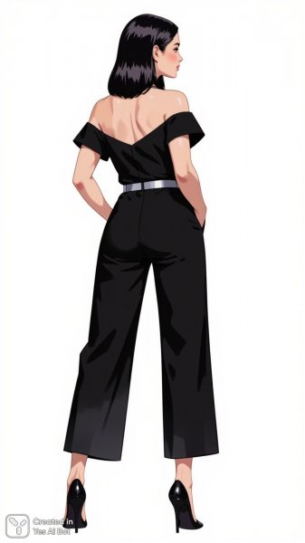 Элегантный образ: женщина в стильном черном комбинезоне и туфлях на каблуке. Картинка из нейросети Flux.1