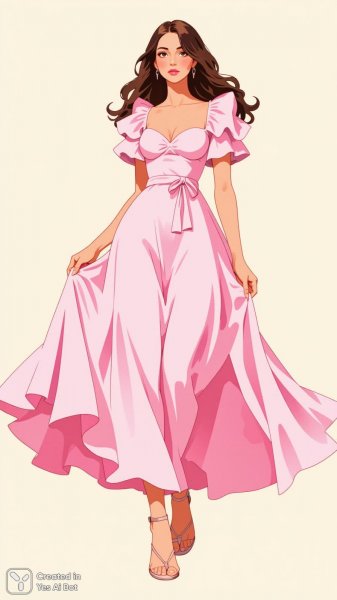 Иллюстрация моды: Женщина в розовом платье с рюшами и сандалиях. Картинка из нейросети Flux