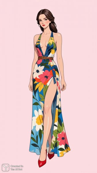 Яркая мода: иллюстрация женщины в цветочном макси с глубоким вырезом и красными туфлями. Генерация из нейронной сети Flux Ai