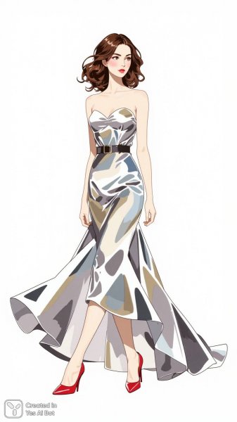 Иллюстрация моды: женщина в серебристом платье с акцентом на талии. Нейронная сеть Flux Ai