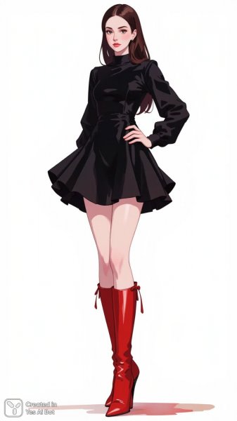 Изысканный силуэт: модный скетч элегантной женщины в черном платье и красных сапогах. Нейронная сеть Flux