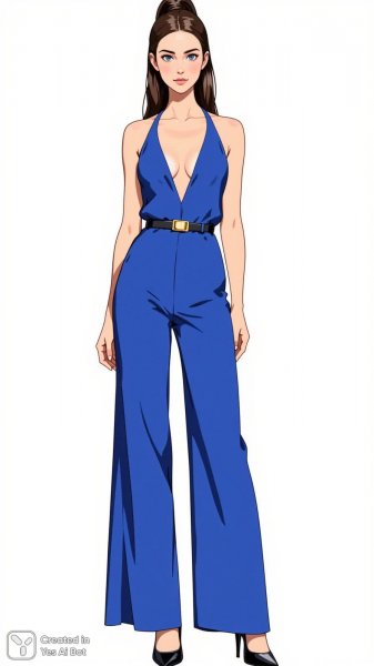 Иллюстрация моды: эффектный образ в синем комбинезоне с золотым акцентом. Картинка из нейронной сети Flux Ai