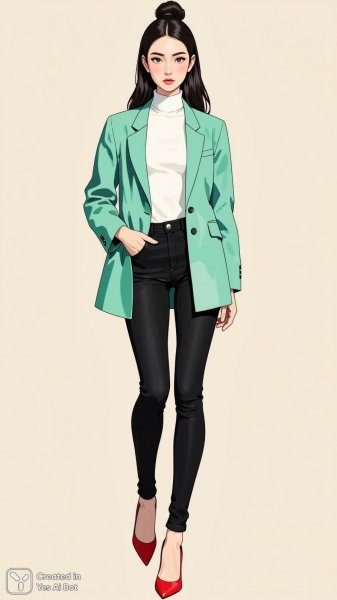 Элегантный образ в зеленом блейзере и белой водолазке. Картинка из нейронной сети Flux 1