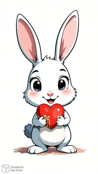 Забавный кролик с большими глазами и подарком на белом фоне в стиле минимализма. Картинка из нейросети Flux